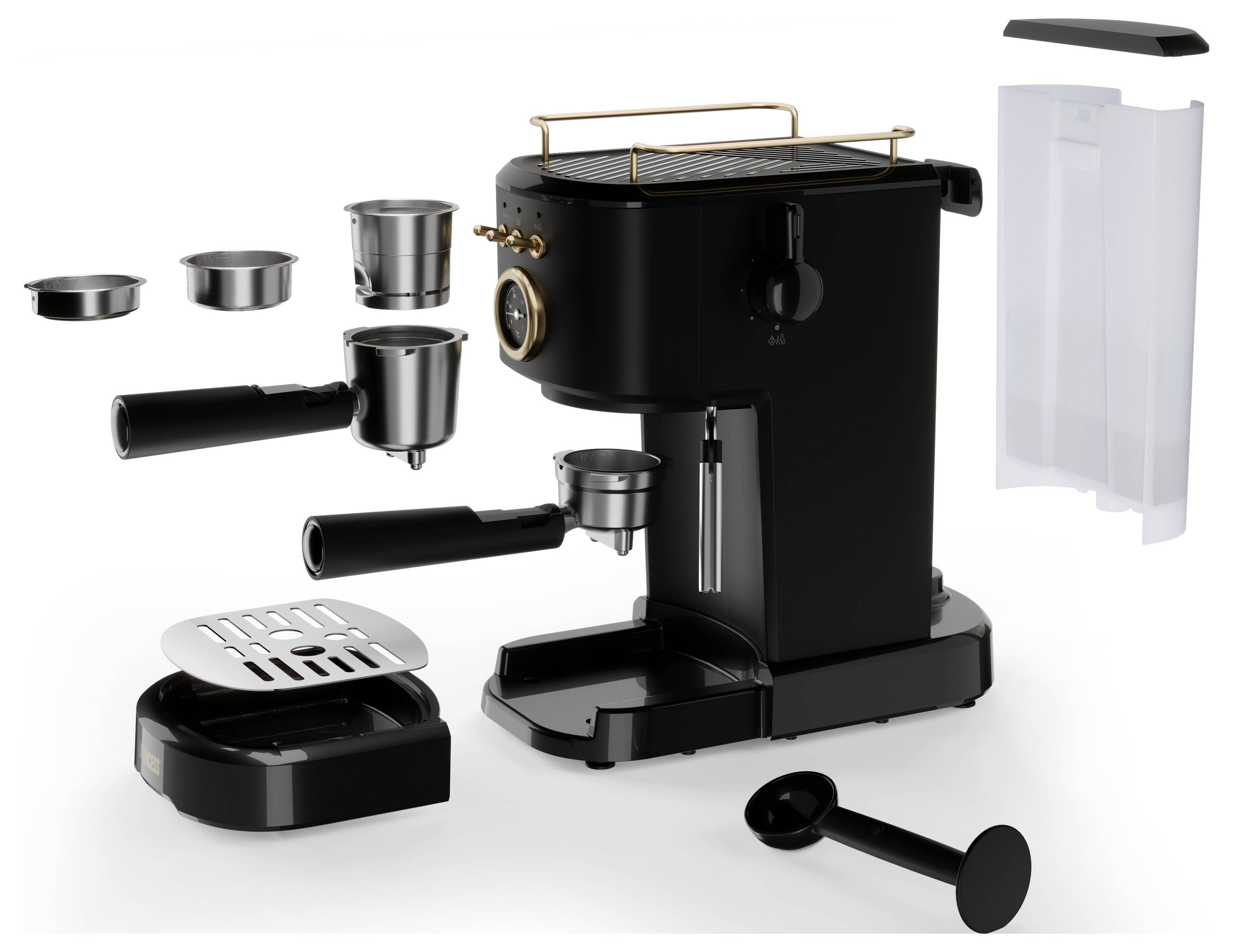 'Machine à espresso noire avec des détails dorés, des composants amovibles et des accessoires tels que le porte-filtre, le réservoir d'eau et le plateau d'égouttage.'
