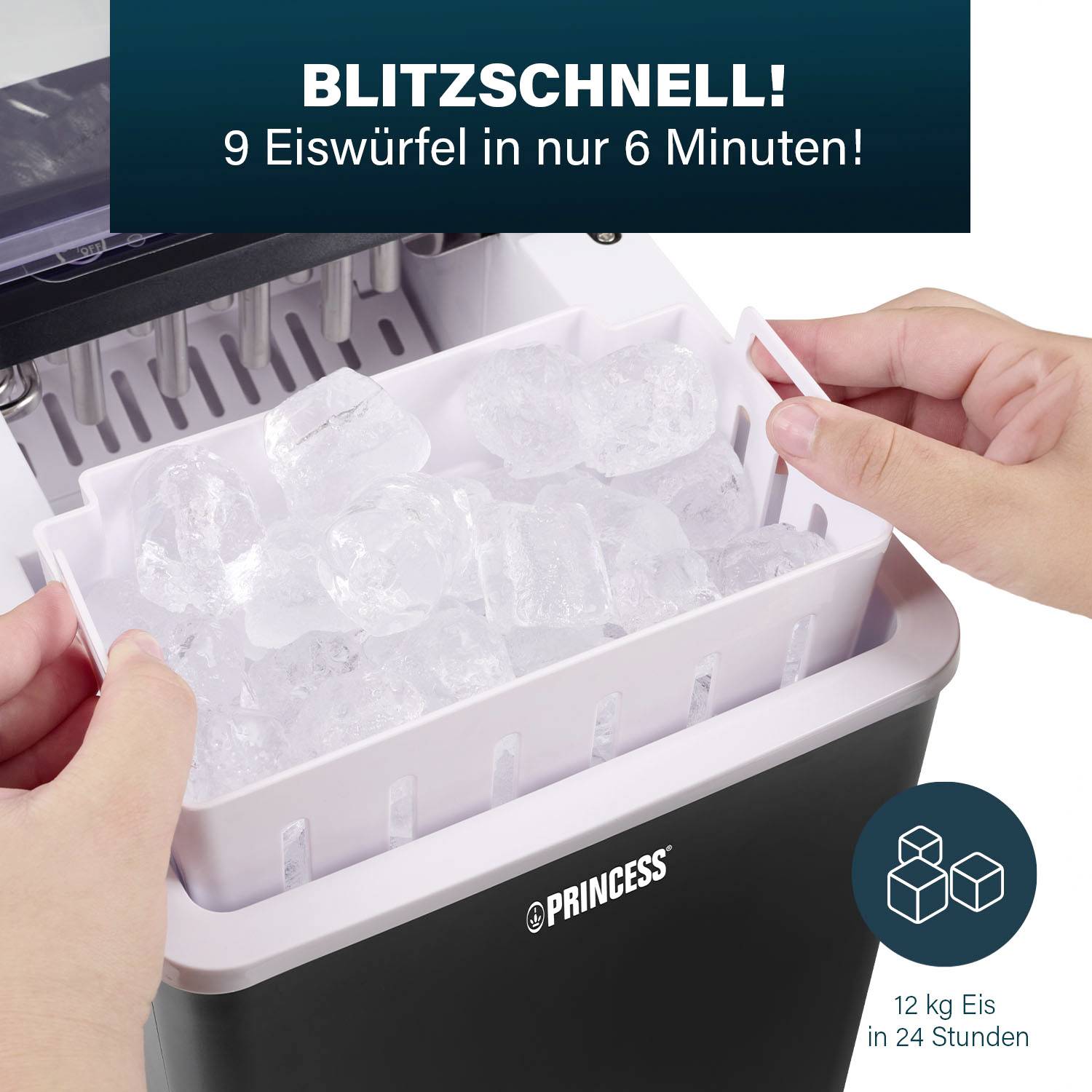 Machine à glace avec couvercle ouvert montrant des bacs à glaçons. Texte : Ultra-rapide ! 9 glaçons en seulement 6 minutes ! 12 kg de glace en 24 heures.