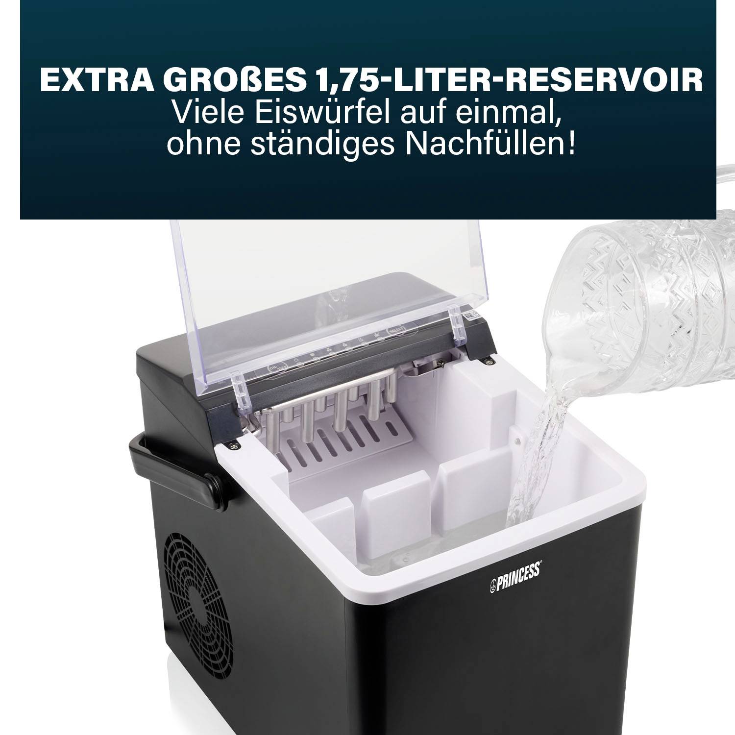 Machine à glaçons avec couvercle ouvert. Récipient en cours de remplissage avec de l'eau. Texte : 'Réservoir extra large de 1,75 litre'.