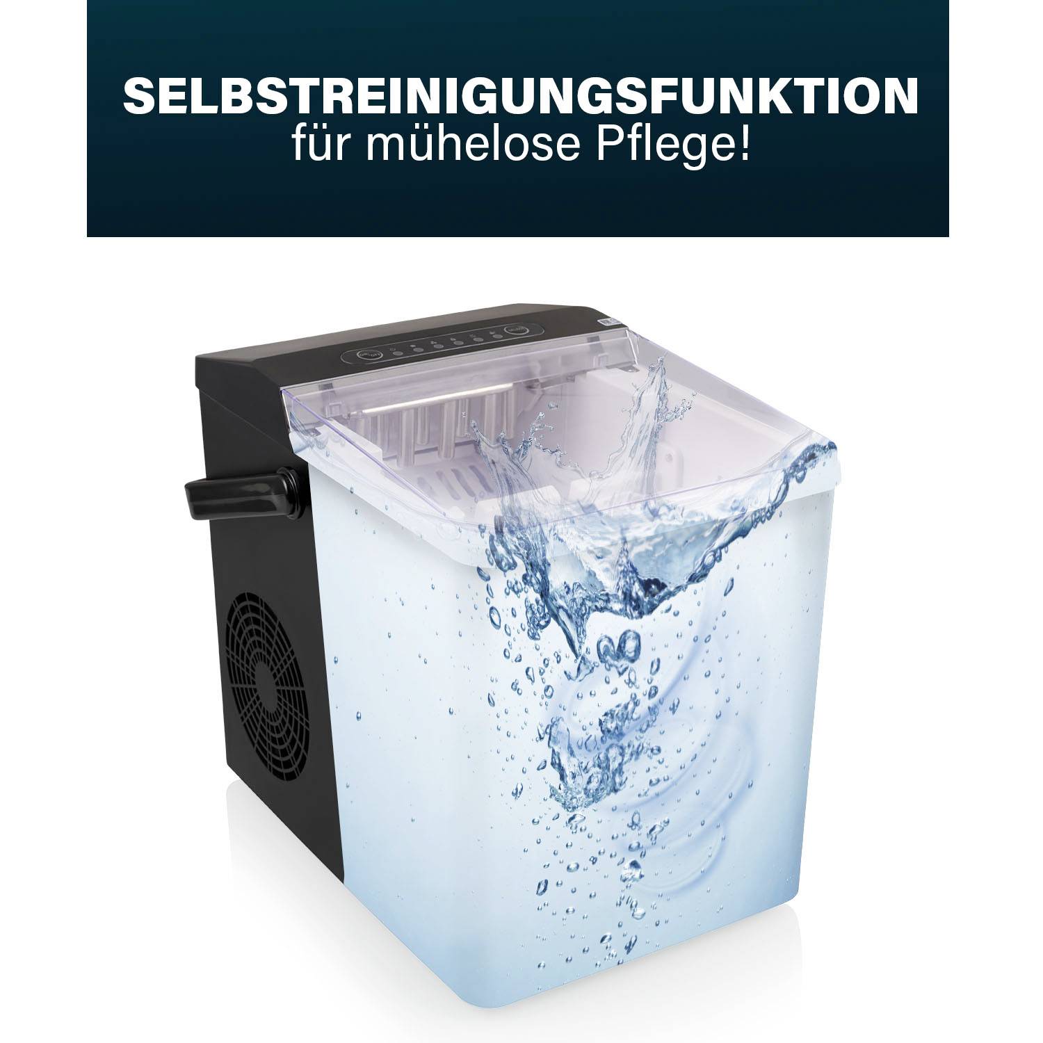 Machine à glace avec réservoir d'eau et éclaboussure d'eau bleue. Texte : Fonction d'auto-nettoyage pour un entretien sans effort.