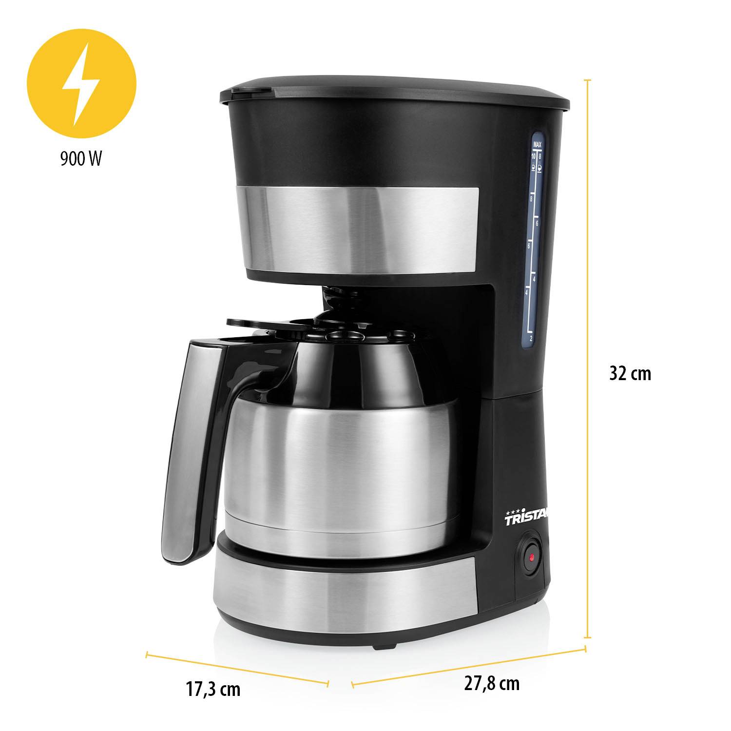 Une machine à café noir et argent avec carafe et une puissance de 900 W. Dimensions : 32 cm de hauteur, 17,3 cm de largeur et 27,8 cm de profondeur.
