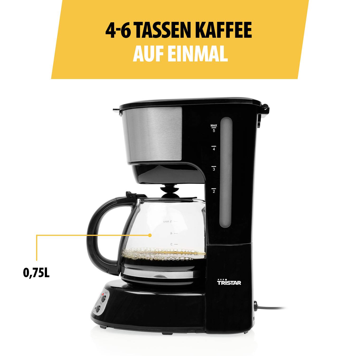 Machine à café, couleur noire avec carafe en verre, capacité de 0,75 L, adaptée pour 4-6 tasses de café à la fois.