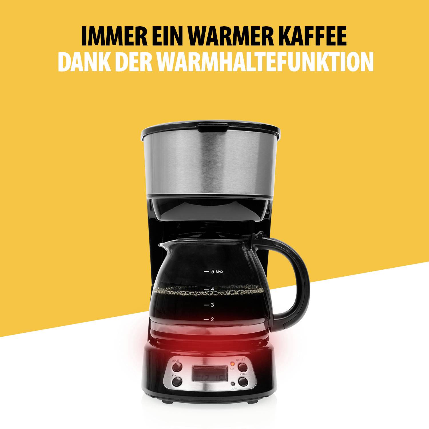 Une machine à café avec un écran digital et une carafe en verre. Texte au-dessus : « Toujours un café chaud grâce à la fonction de maintien au chaud ». Style souligné.