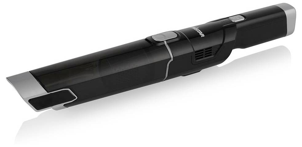 Un aspirateur à main sans fil noir au design élégant avec des accents gris, adapté pour le nettoyage de petites surfaces.