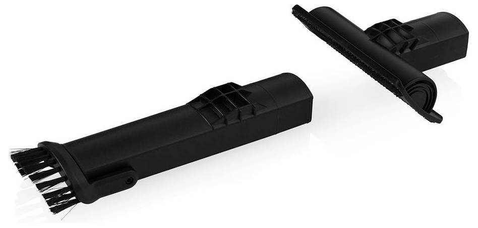 Deux accessoires d'aspirateur noirs : une buse à brosse avec des poils et une buse d'angle à surface lisse, sur un fond blanc.