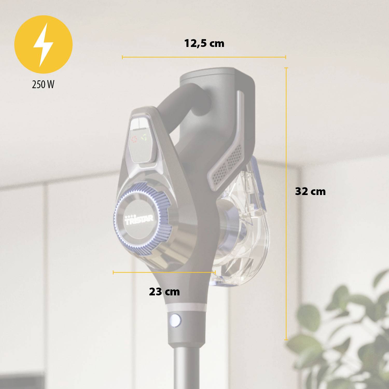 Un aspirateur acoustique aux dimensions de 32 cm x 12,5 cm x 23 cm, d'une puissance de 250 W, devant un arrière-plan flou.