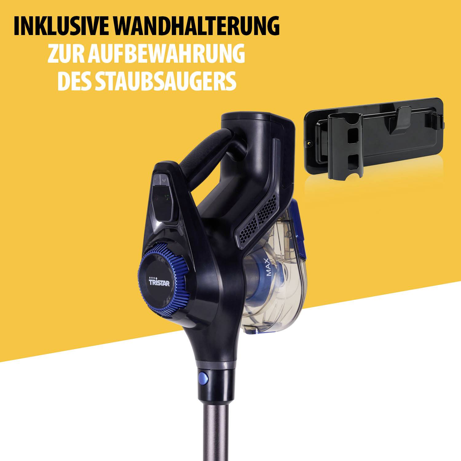 Un aspirateur sans fil devant un fond jaune. Texte : 'Inclus support mural pour le rangement de l'aspirateur'.