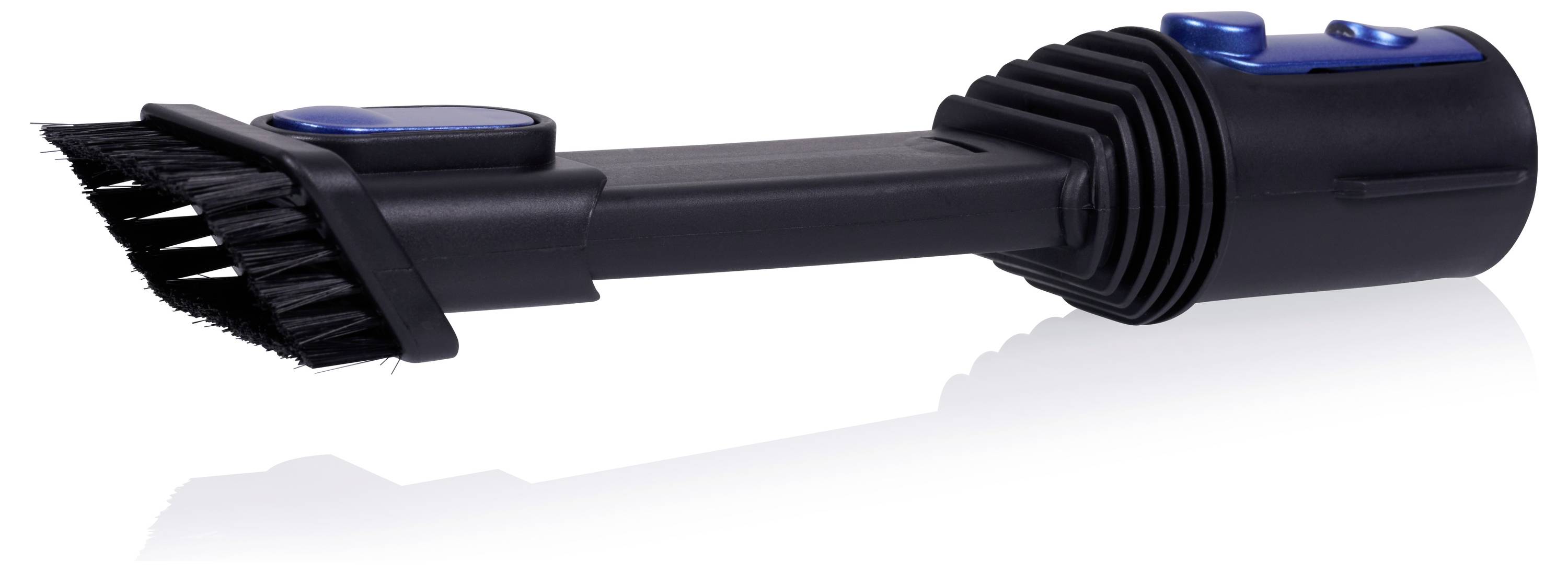 Un embout d'aspirateur noir avec des poils rigides et des boutons bleus, adapté pour nettoyer les espaces étroits.