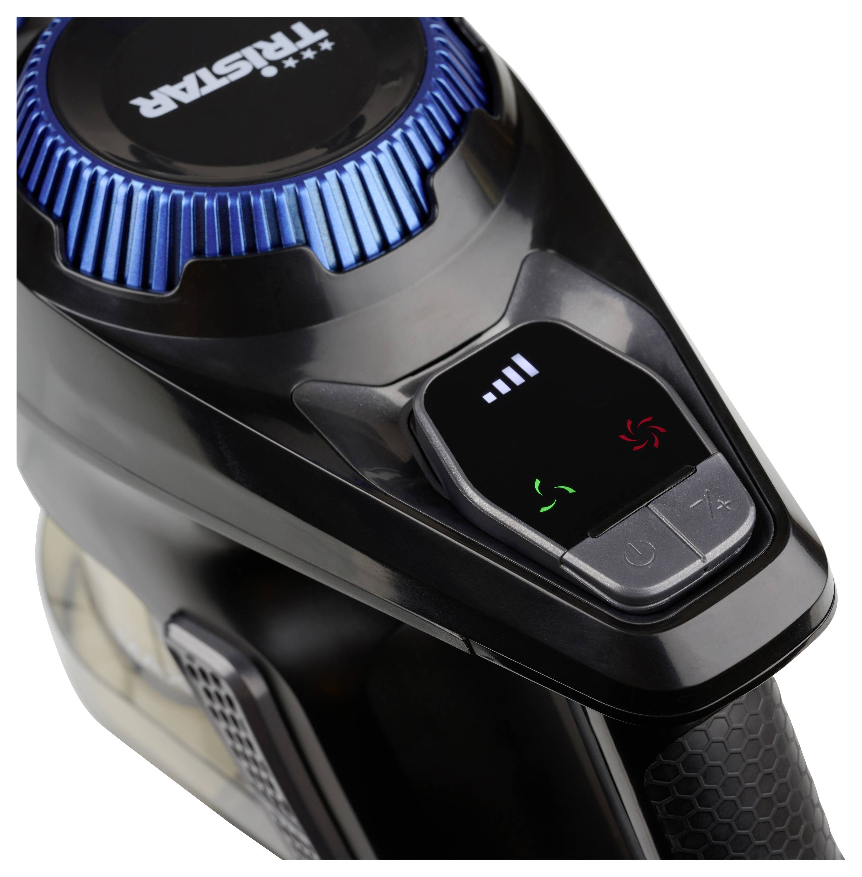 Un aspirateur à main noir avec un accent bleu, montrant la zone de commutation avec des touches pour Marche/Arrêt, la puissance d'aspiration et l'indicateur de batterie.