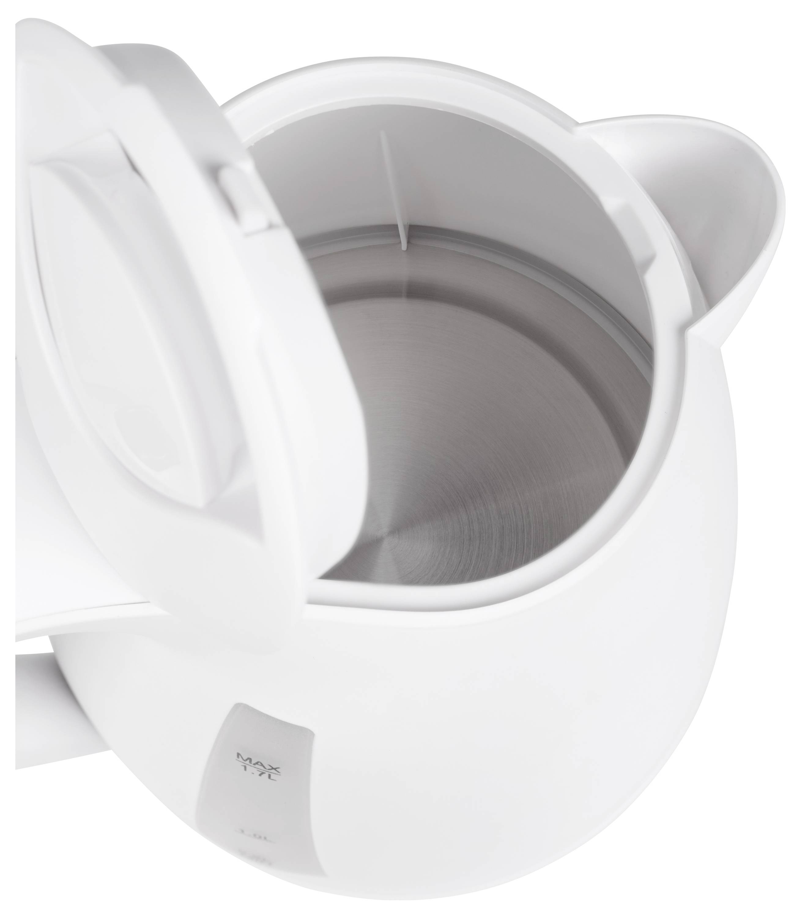 Bouilloire électrique blanche, vue de dessus avec couvercle ouvert et intérieur vide.