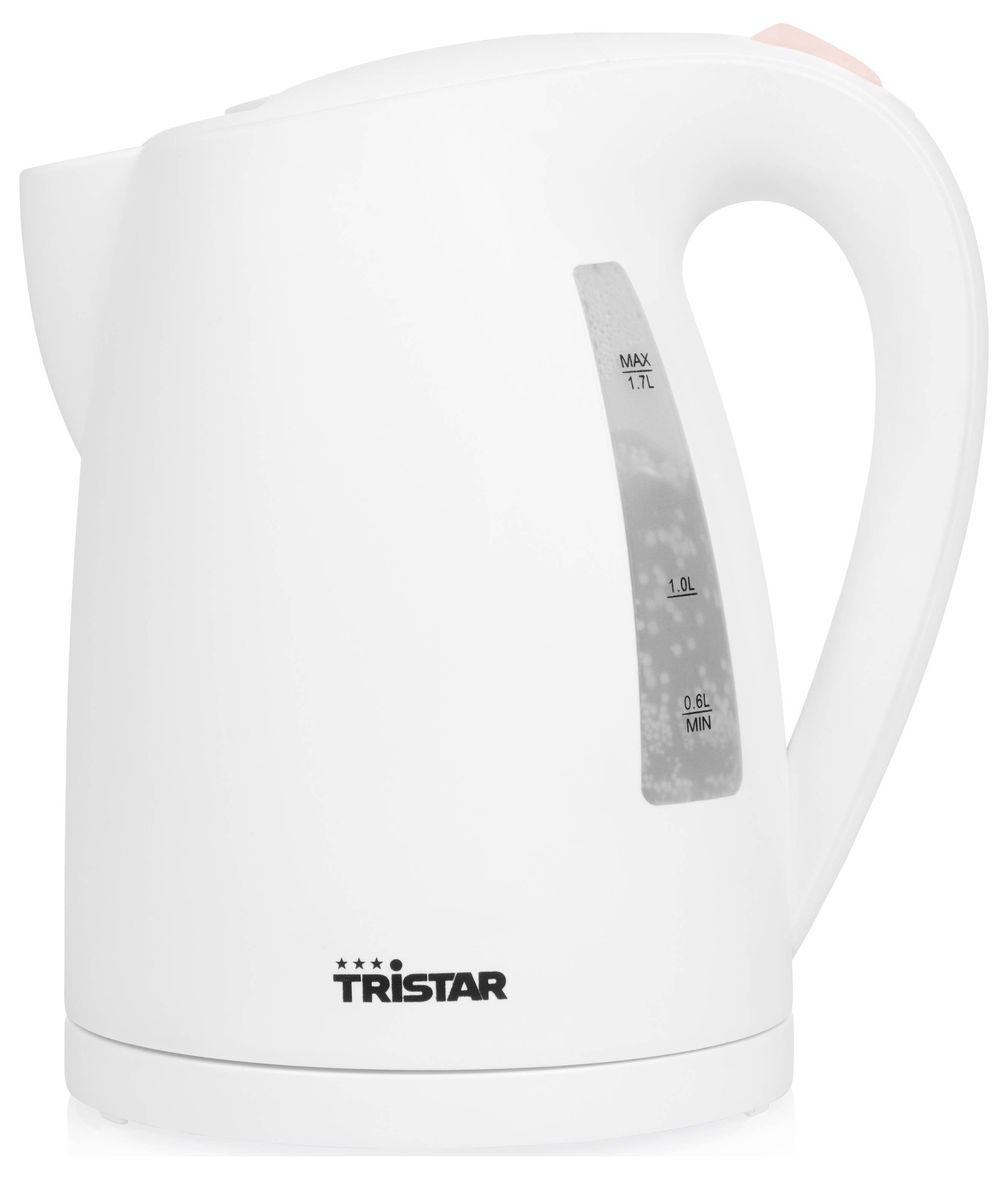 Un bouilloire électrique blanche d'une capacité maximale de 1,7 litres avec un indicateur de niveau d'eau externe.