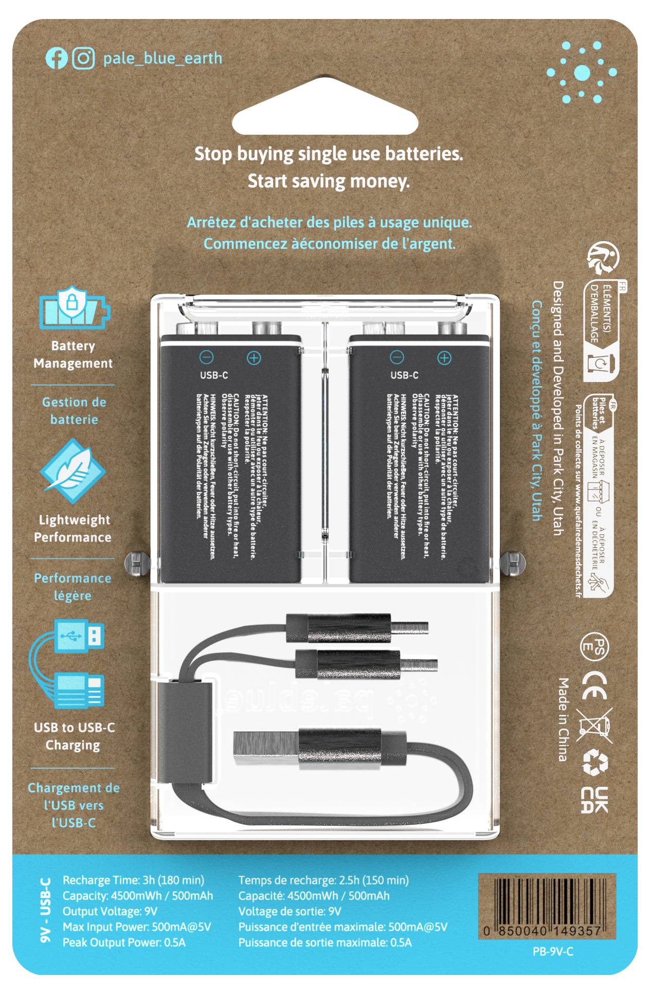 Paleblue Pile rechargeable 6LR61 (9V) Li-Ion 500 9 V 2 pc(s)