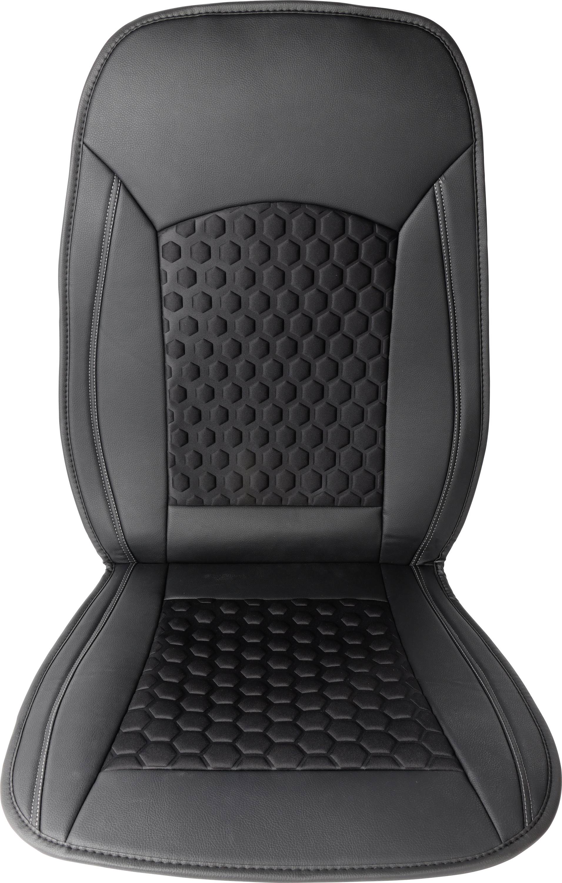 Housse de siège de voiture noir avec un motif en nid d'abeille au centre. Conçue pour améliorer le confort et le style à l'intérieur du véhicule.