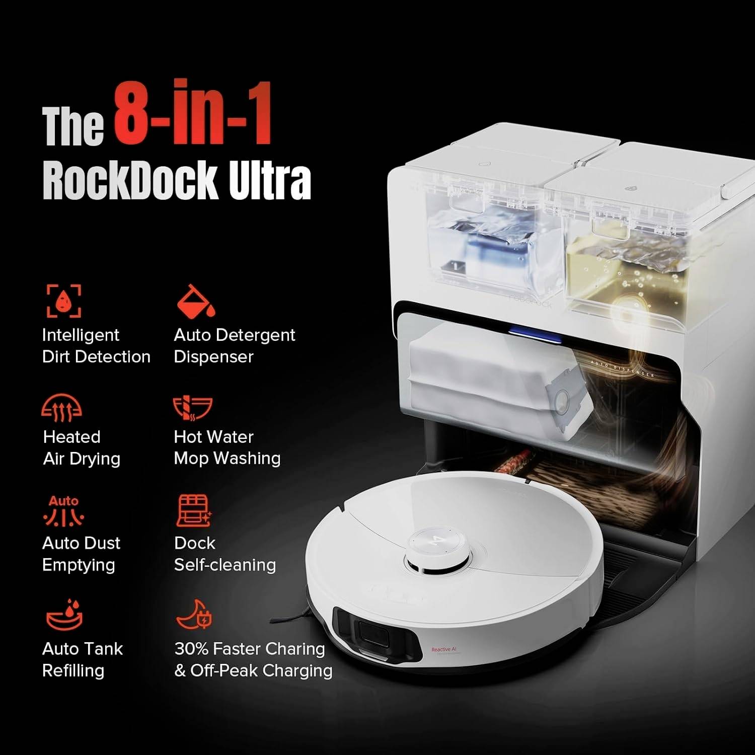 Un robot aspirateur blanc avec station de charge, présenté comme le '8-en-1 RockDock Ultra'. Les fonctions comprennent la détection intelligente de la saleté et la vidange automatique.