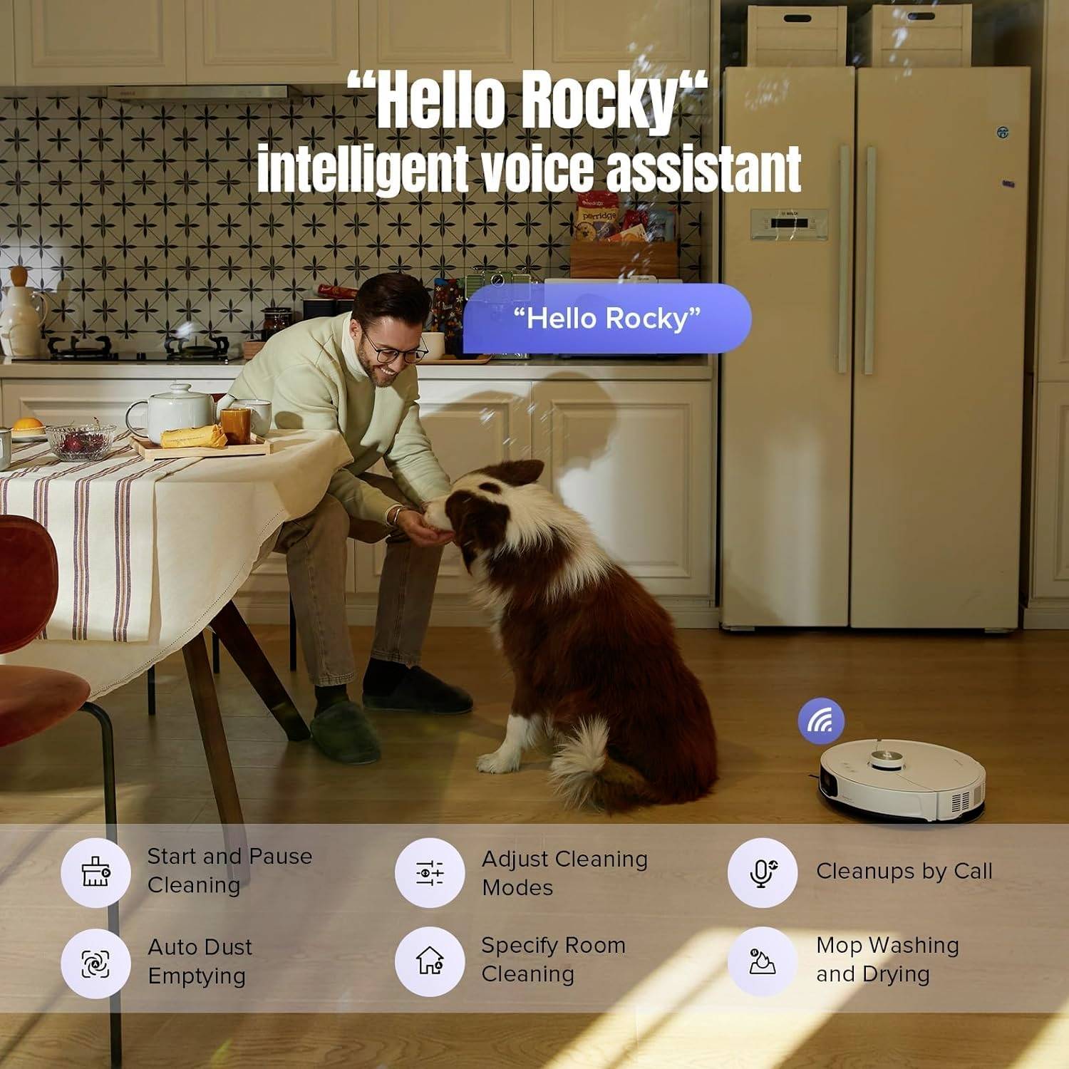 Un homme interagit avec un chien et un aspirateur robot dans une cuisine. Le texte sur l'image décrit les fonctionnalités de l'aspirateur.