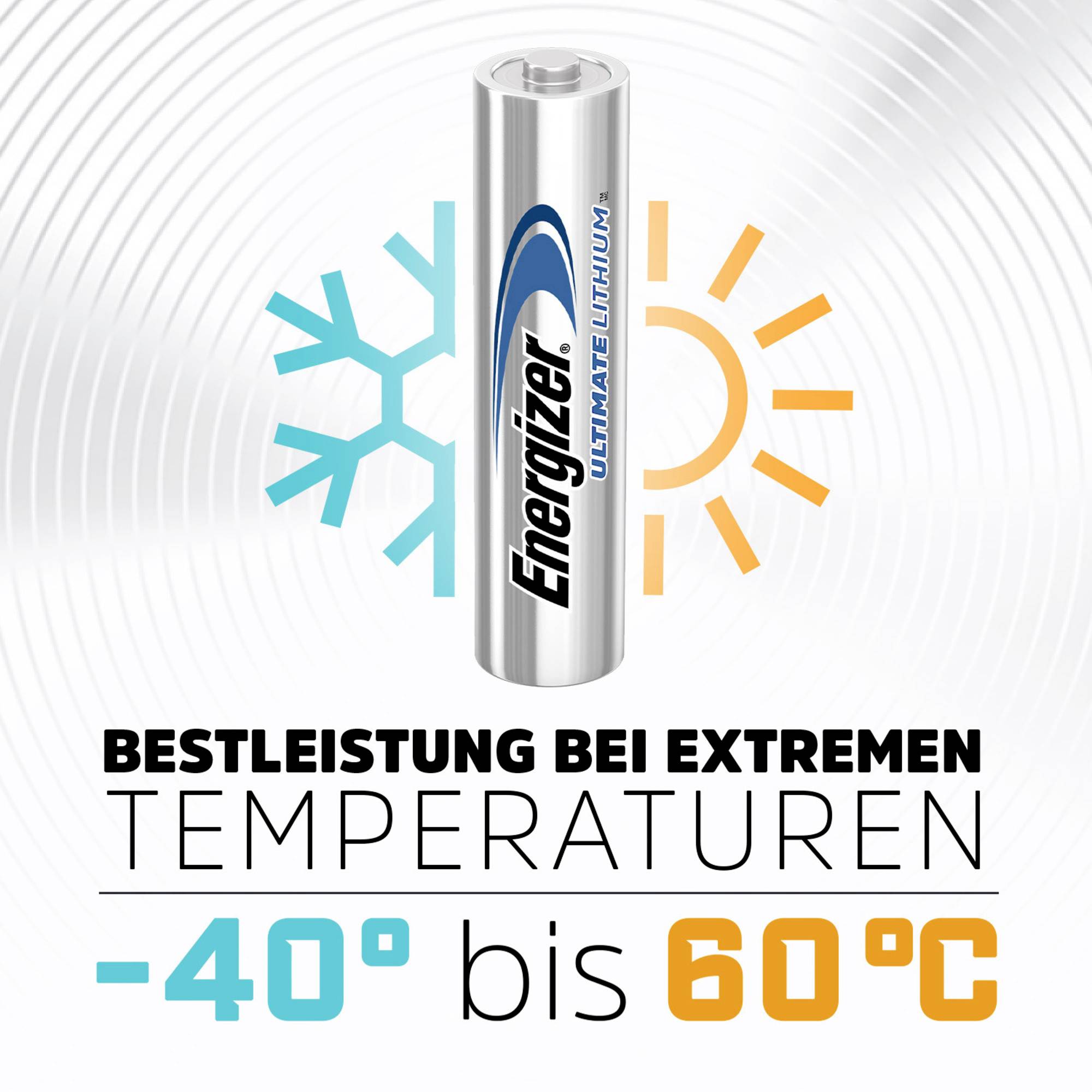 Pile Energizer au centre, entourée d'un symbole de flocon de neige et de soleil. Texte : 'Performance optimale dans des températures extrêmes de -40°C à 60°C'.