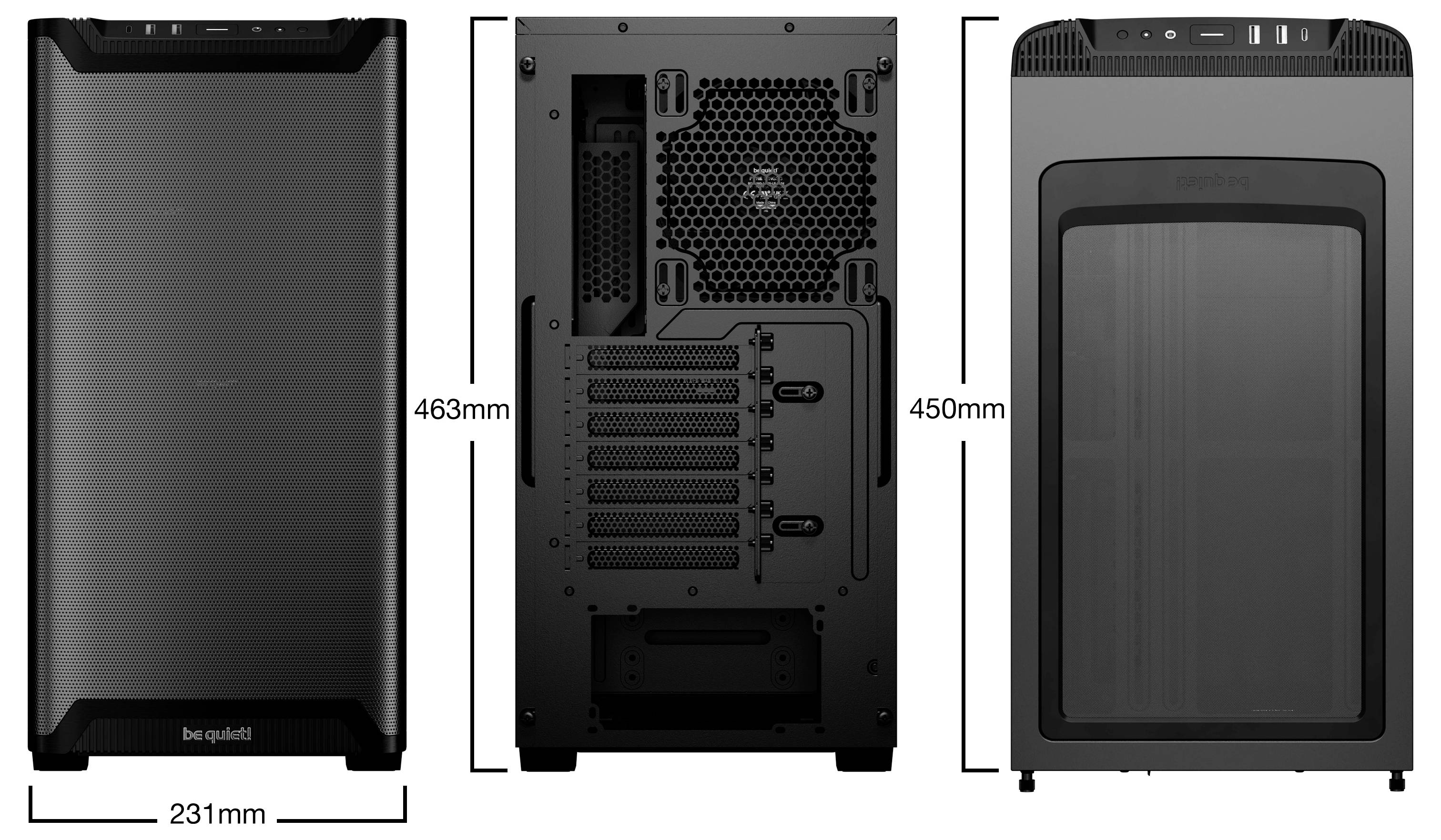 Boîtier d'ordinateur en trois vues : face avant, face arrière et côté droit. Dimensions : 463 mm de hauteur, 231 mm de largeur, 450 mm de profondeur.