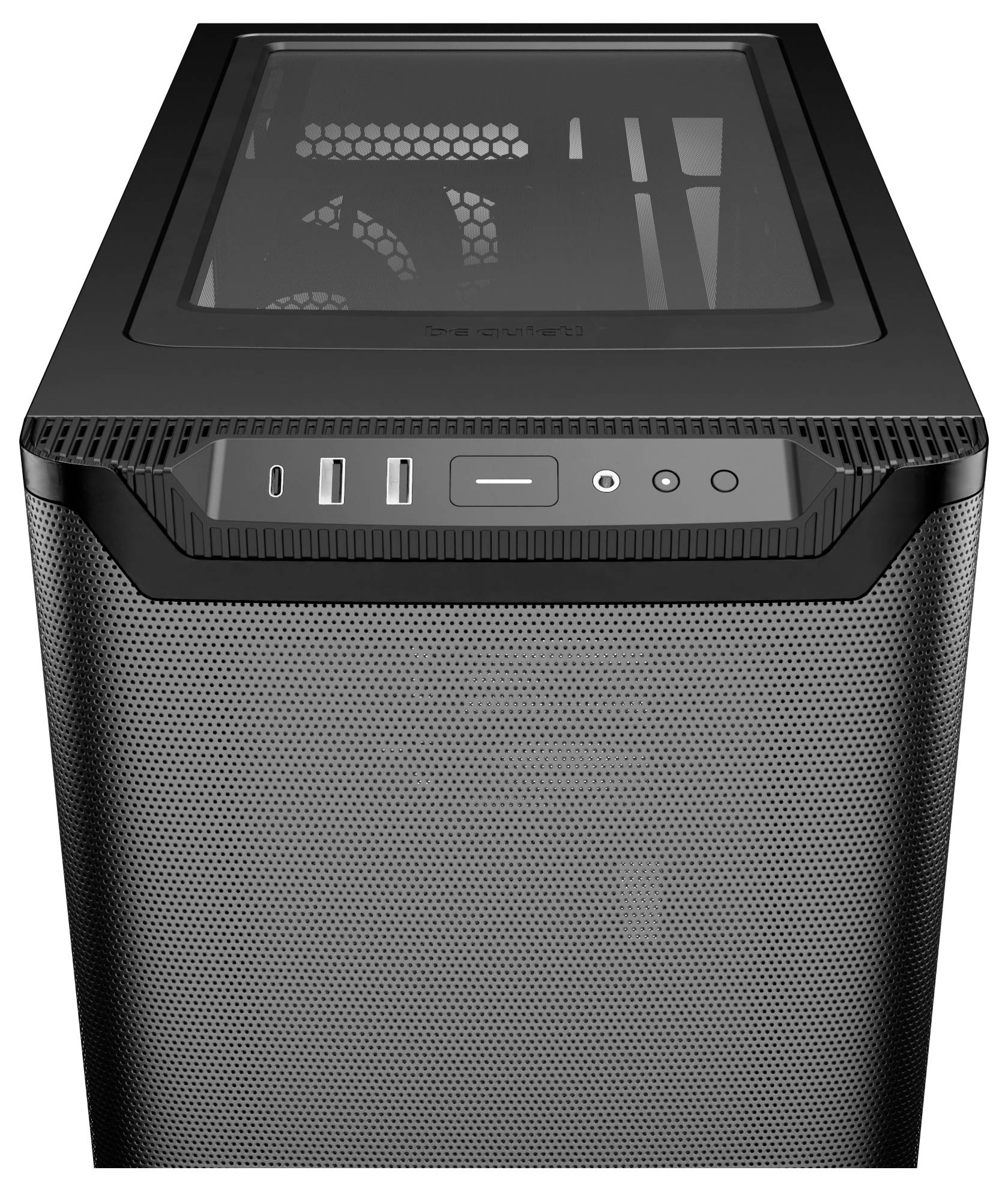 Un boîtier d'ordinateur noir avec façade perforée et panneau en verre sur le dessus. Comprend des ports USB et des boutons de commande à l'avant.