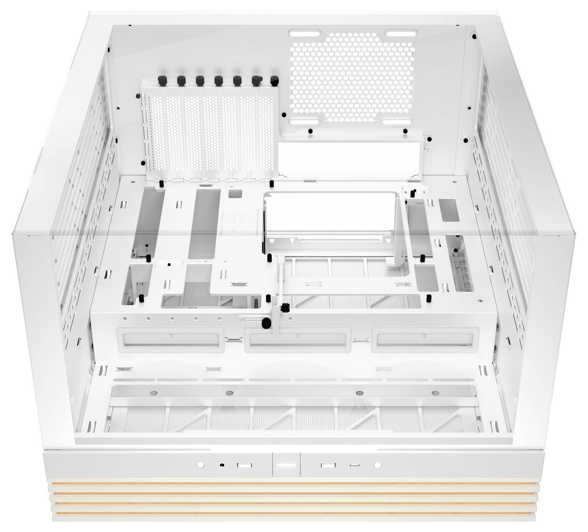 Un boîtier PC vide, blanc, au design cubique, doté de plusieurs baies et d'ouvertures pour ventilateurs et câbles, prêt à être assemblé.