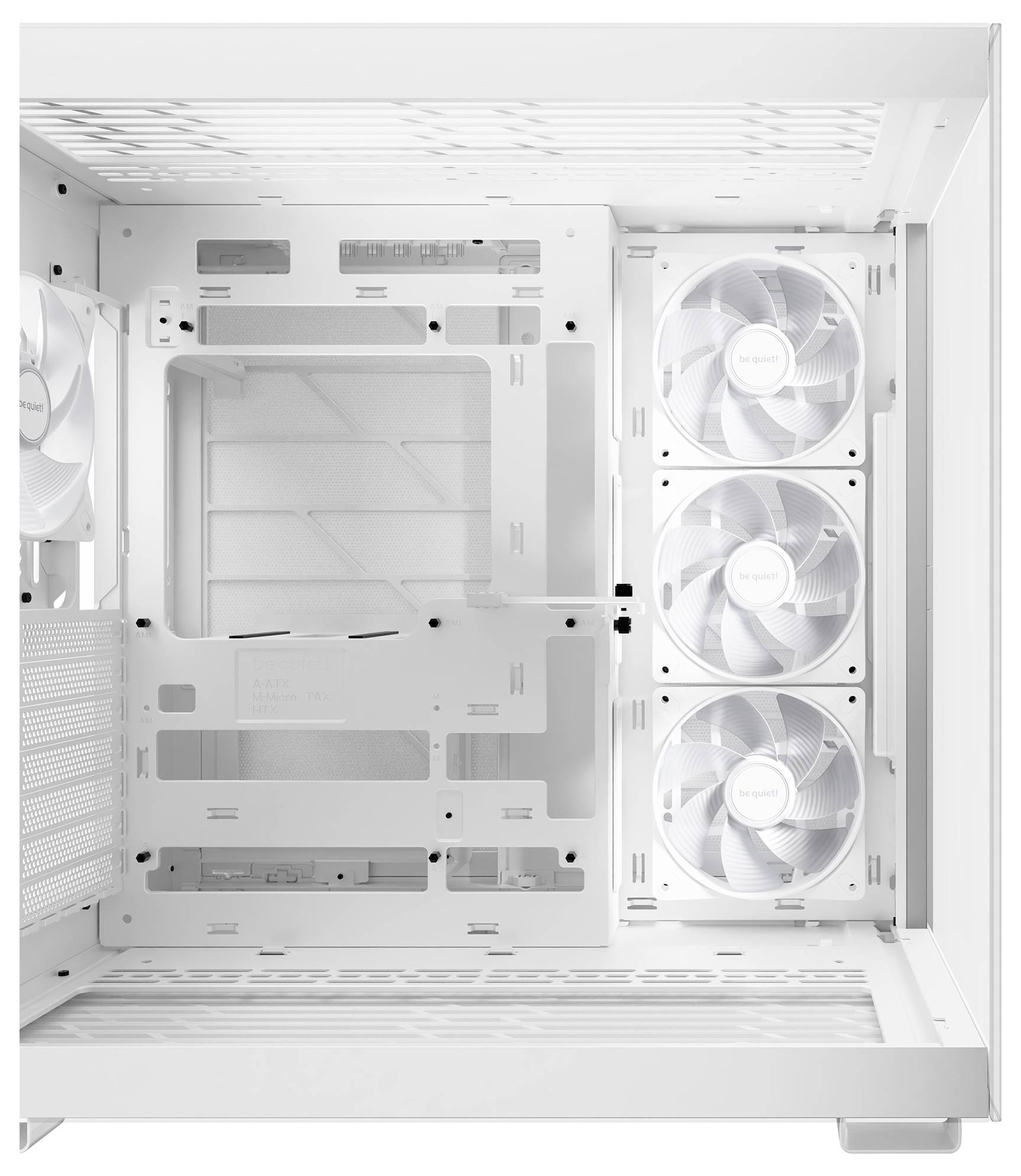 Un boîtier d'ordinateur blanc avec plusieurs ventilateurs. La vue intérieure montre de l'espace pour les composants matériels et un système de ventilation.