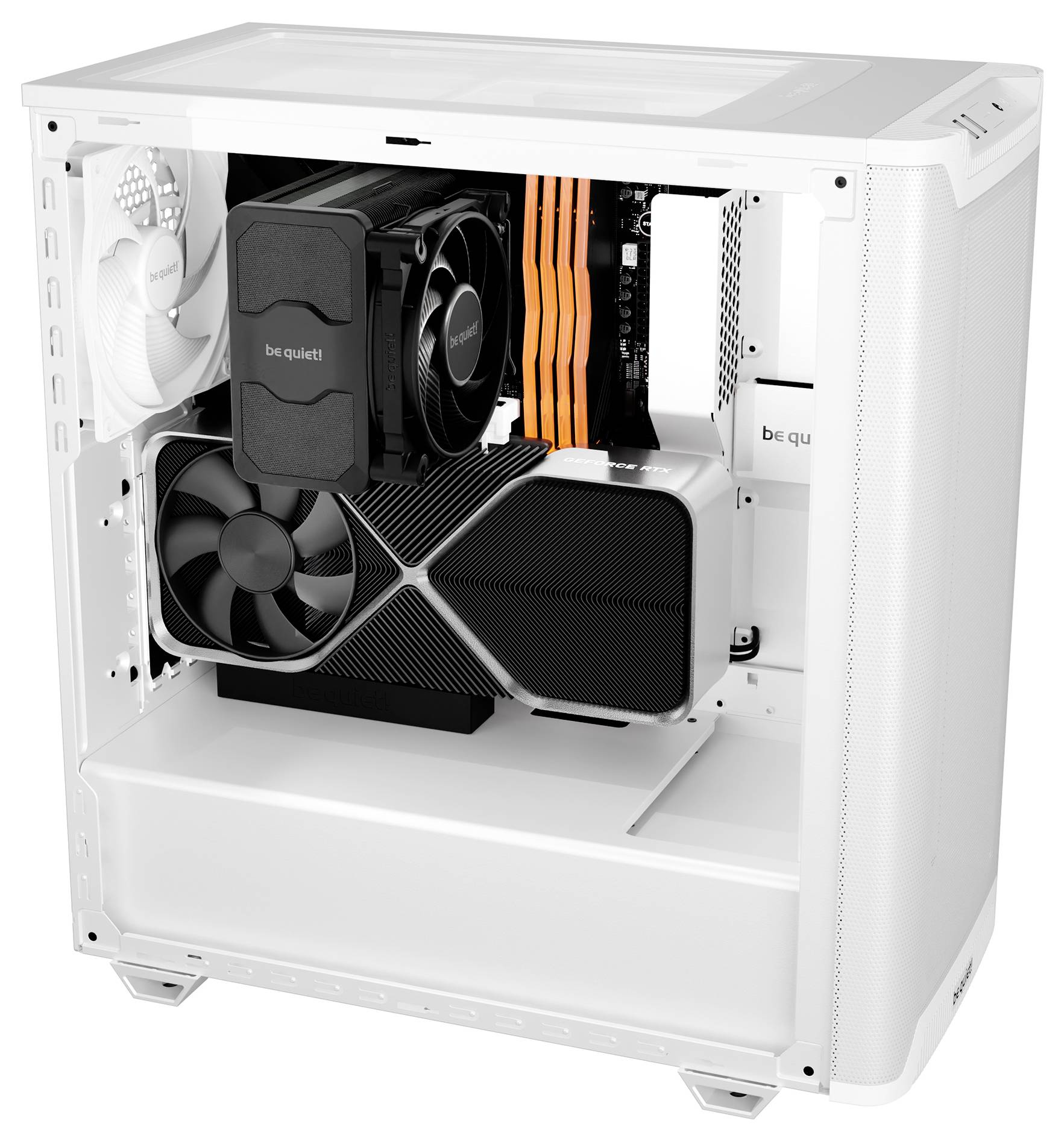 Un ordinateur blanc ouvert révèle ses composants internes tels que des ventilateurs, un dissipateur thermique de processeur et une carte graphique.