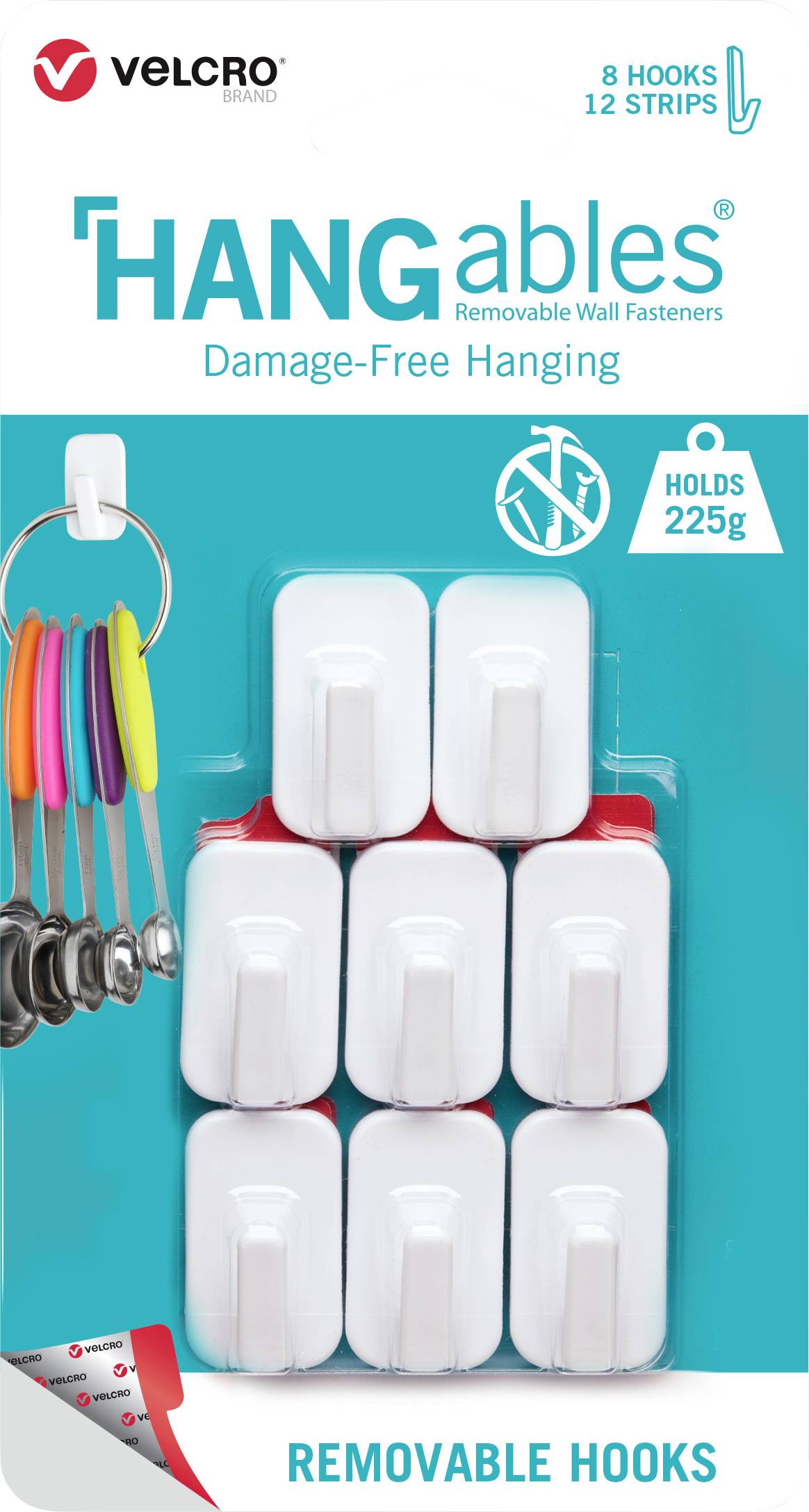 Ensemble de crochets 'HANGables' pour suspendre sans dommages, 8 crochets avec 12 bandes, adapté pour 225g, montrant des crochets qui maintiennent des ustensiles de cuisine.