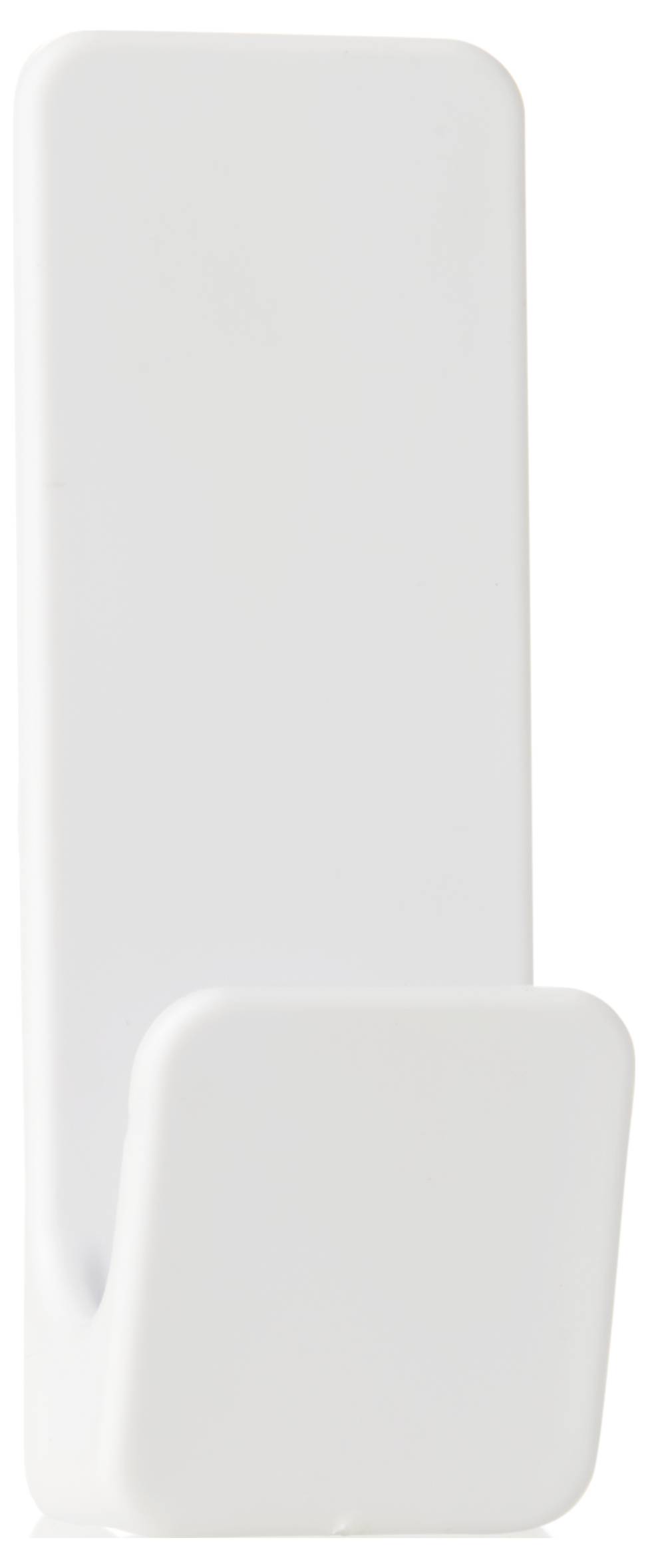 Crochet simple en plastique blanc, de forme rectangulaire, destiné à la fixation murale, adapté pour suspendre des objets légers.