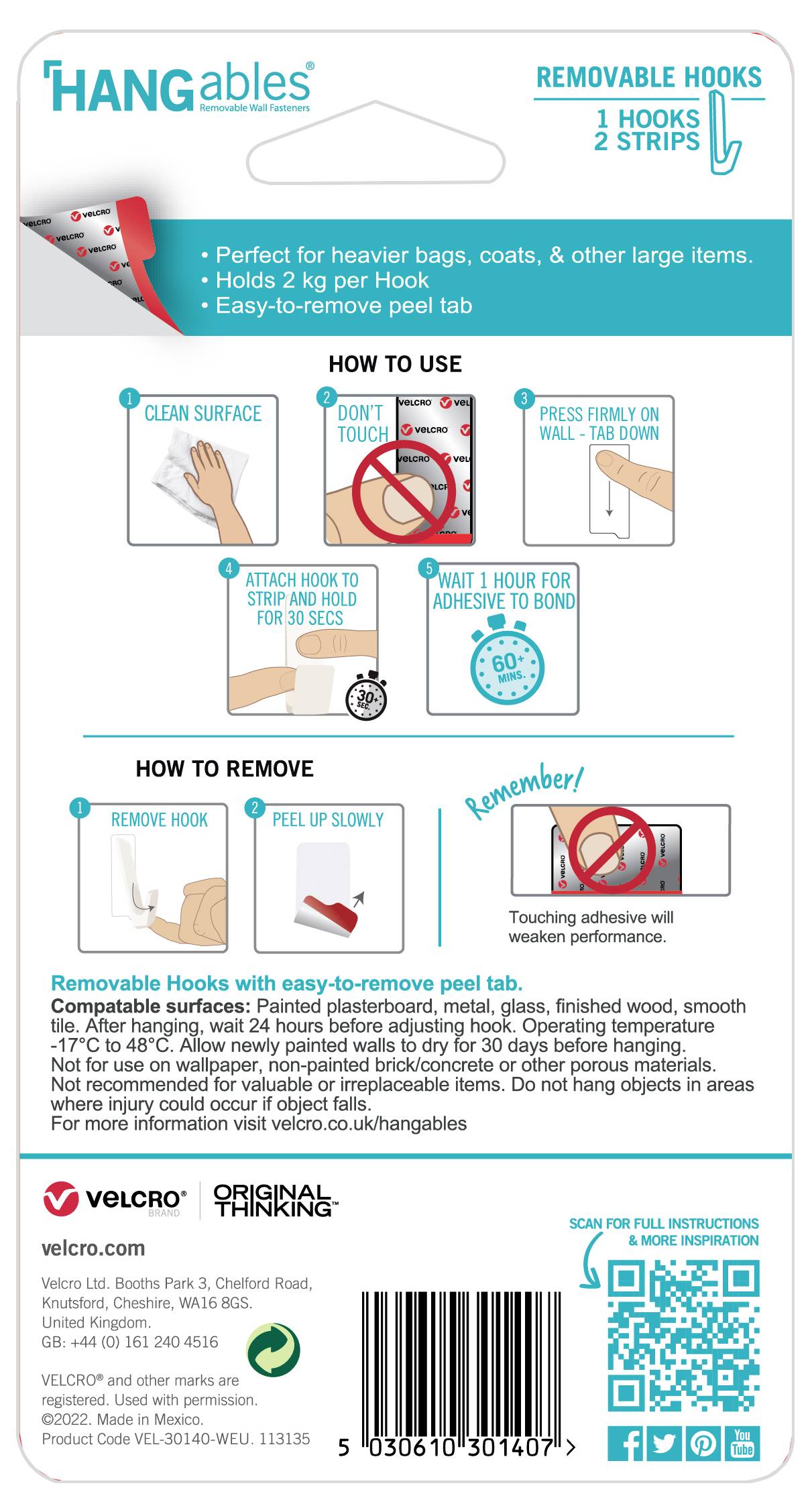 Emballage pour crochets et bandes 'HANGables' amovibles. Instructions d'utilisation : Nettoyer la surface, appuyer fermement, charger après 1 heure. Retrait : Enlever le crochet et retirer les bandes.
