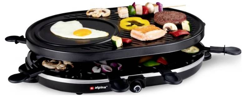 Alpina Switzerland 871125218240 Appareil à raclette 8 poêlons, revêtement anti-adhésif, voyant lumineux noir
