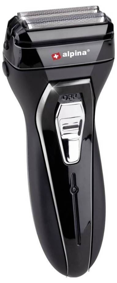 Un rasoir électrique noir avec un bouton argenté, marqué 'alpina'. Conçu pour un rasage en profondeur.