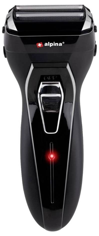 Rasoir électrique de couleur noire avec voyant LED rouge et logo 'alpina'.