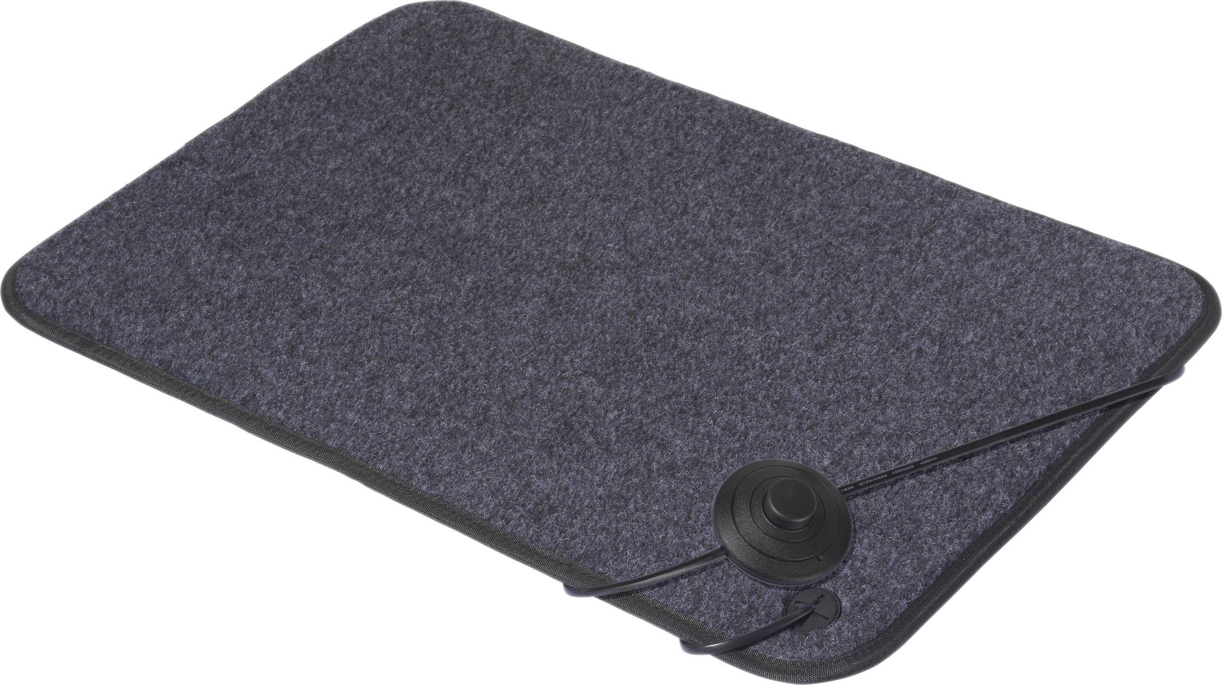 « Un tapis de sol de voiture rectangulaire noir à surface texturée, avec une fixation en caoutchouc circulaire dans un coin. »