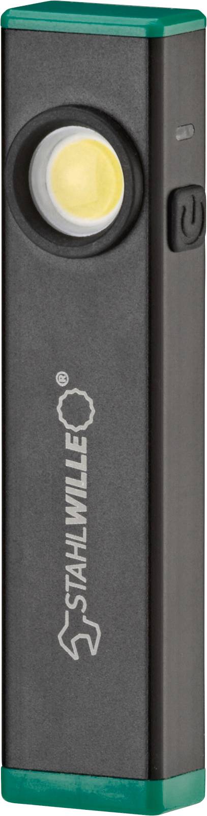 Lampe torche au design carré, boîtier gris foncé et lumière LED jaune vive. Logo 'STAHLWILLE' visible sur le côté.