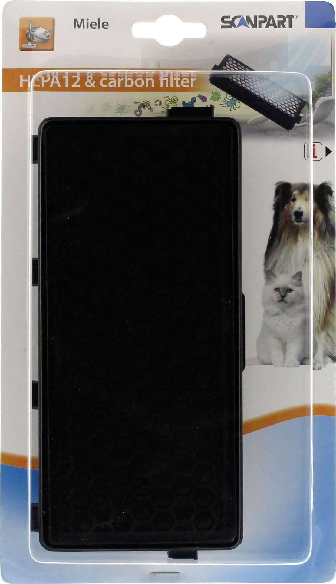 Emballage d'un filtre HEPA12 au charbon actif pour aspirateur avec image d'un chien et d'un chat.