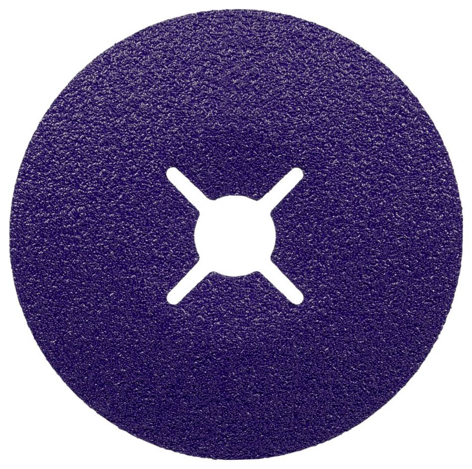 Disque abrasif violet foncé avec une découpe en croix au centre. Utilisé pour des travaux de ponçage sur métal ou bois.
