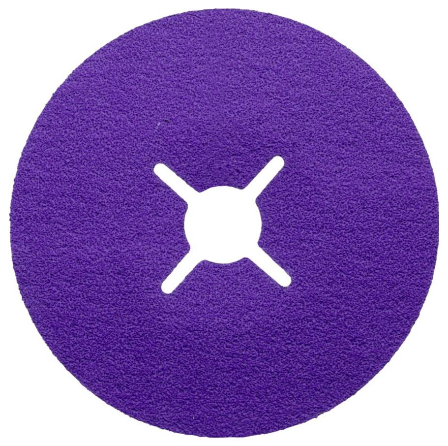 Meule abrasive violette avec un trou central en forme de croix, utilisée pour le traitement de surface.