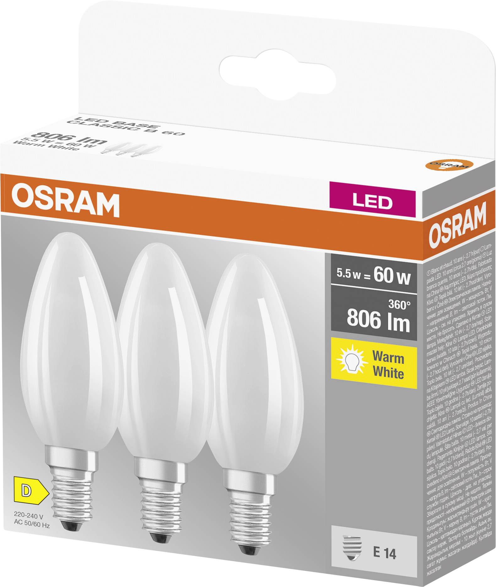 Ampoule LED Osram, 5,5 W équivalent 60 W, culot E14, 806 lumens, lumière blanc chaud, lot de 3 pièces.