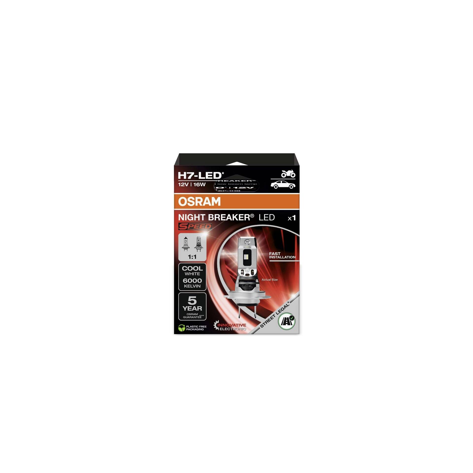 Emballage d'une lampe LED OSRAM H7 Night Breaker, 12V 15W. Lumière blanche à 6000K, garantie 5 ans. Convient aux motocyclettes.