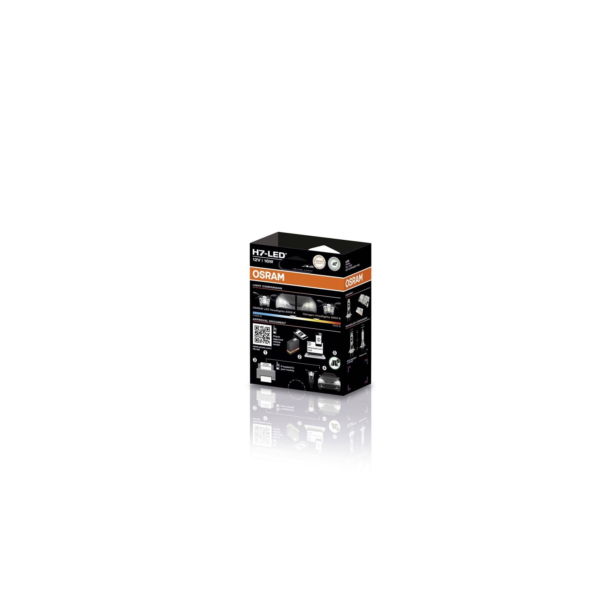 Lampe pour automobile Osram H7-LED en emballage noir et orange, adaptée aux phares principaux, montrant l'image de la lampe et ses caractéristiques techniques.