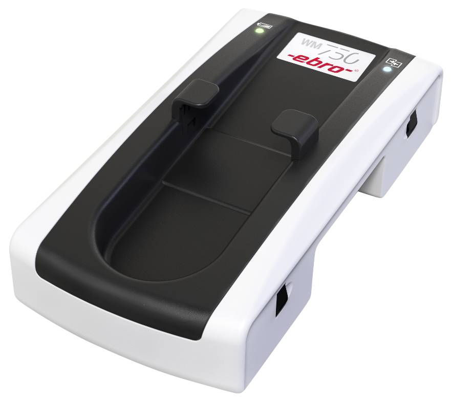 Un chargeur blanc et noir à deux emplacements avec des voyants LED, portant l'inscription 'ebro', destiné aux appareils de mesure de température.