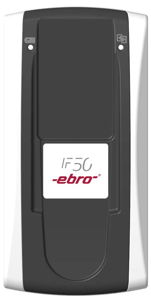 Appareil électronique au design rectangulaire, avec une combinaison de couleurs noir et blanc. Un logo 'ebro' est situé au centre.