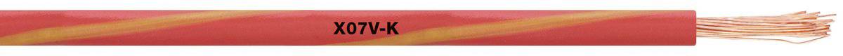 Un câble rouge portant l'inscription 'XTFW-K' avec une spirale orange le long de l'isolation. Des fils de cuivre sont visibles sur la droite.