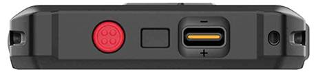 Un appareil électronique noir avec un bouton rouge et un port USB-C, vue de face.
