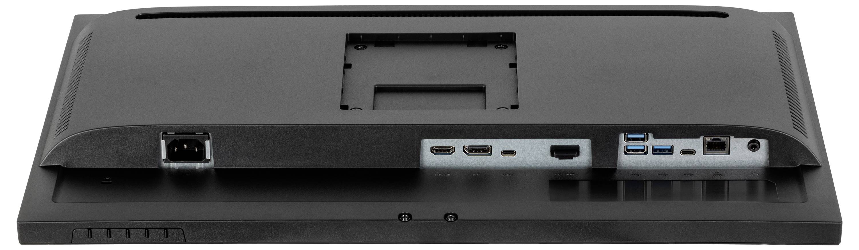 Arrière d'un moniteur avec différentes connexions : prise d'alimentation, HDMI, DisplayPort et ports USB.