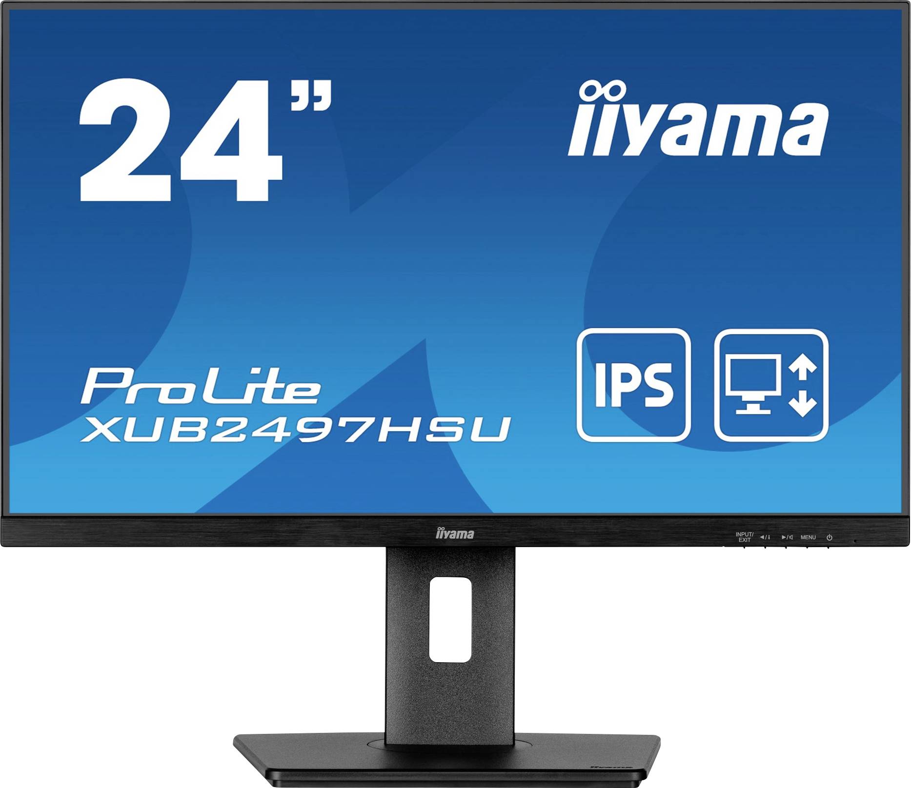 Un moniteur iiyama de 24 pouces, modèle ProLite XUB2497HSU, doté de la technologie IPS et de symboles d'ajustement ergonomique.