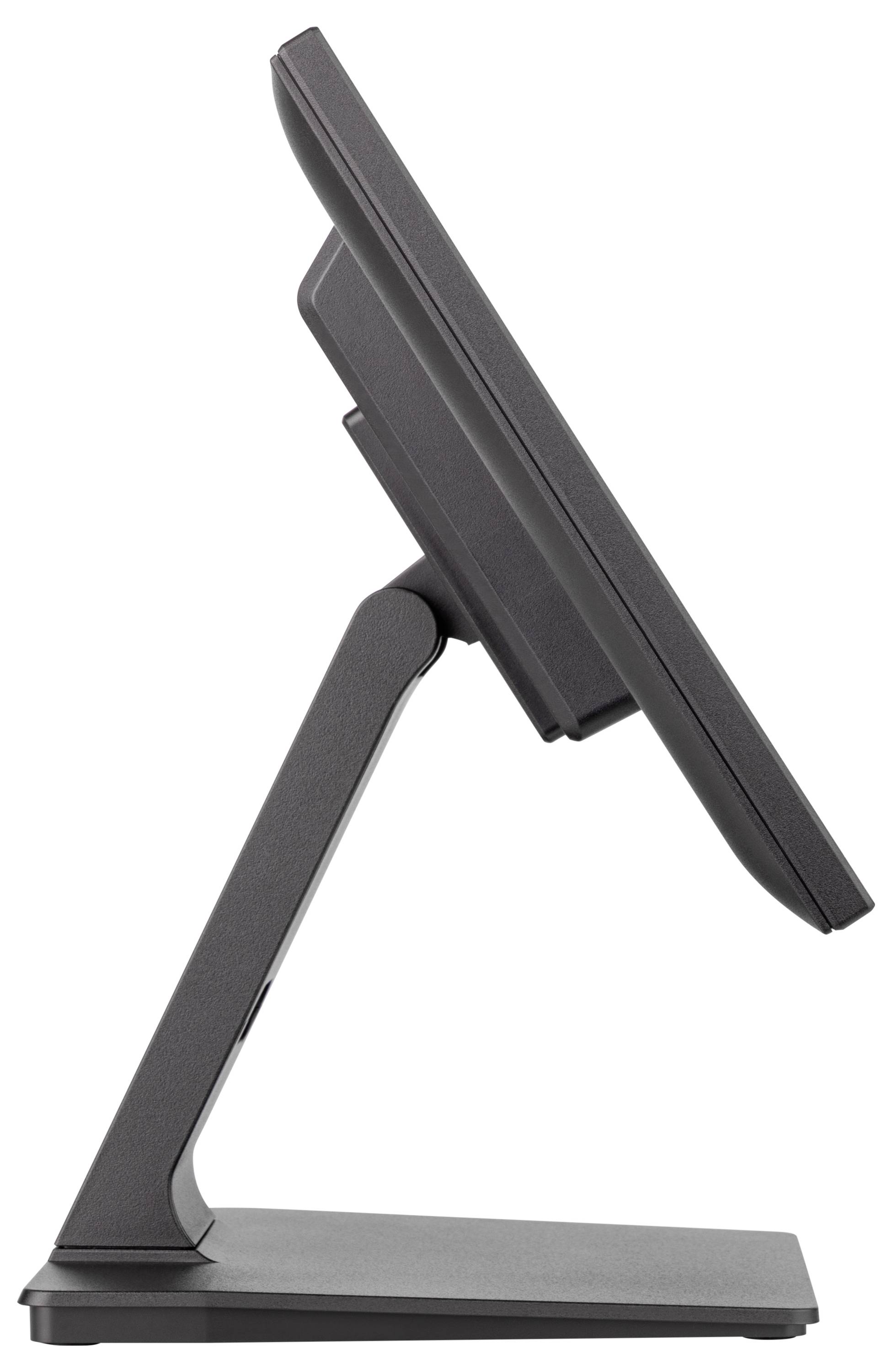 Un moniteur en profil, incliné légèrement vers l'arrière. Il dispose d'un support stable et réglable, avec un design de cadre fin.