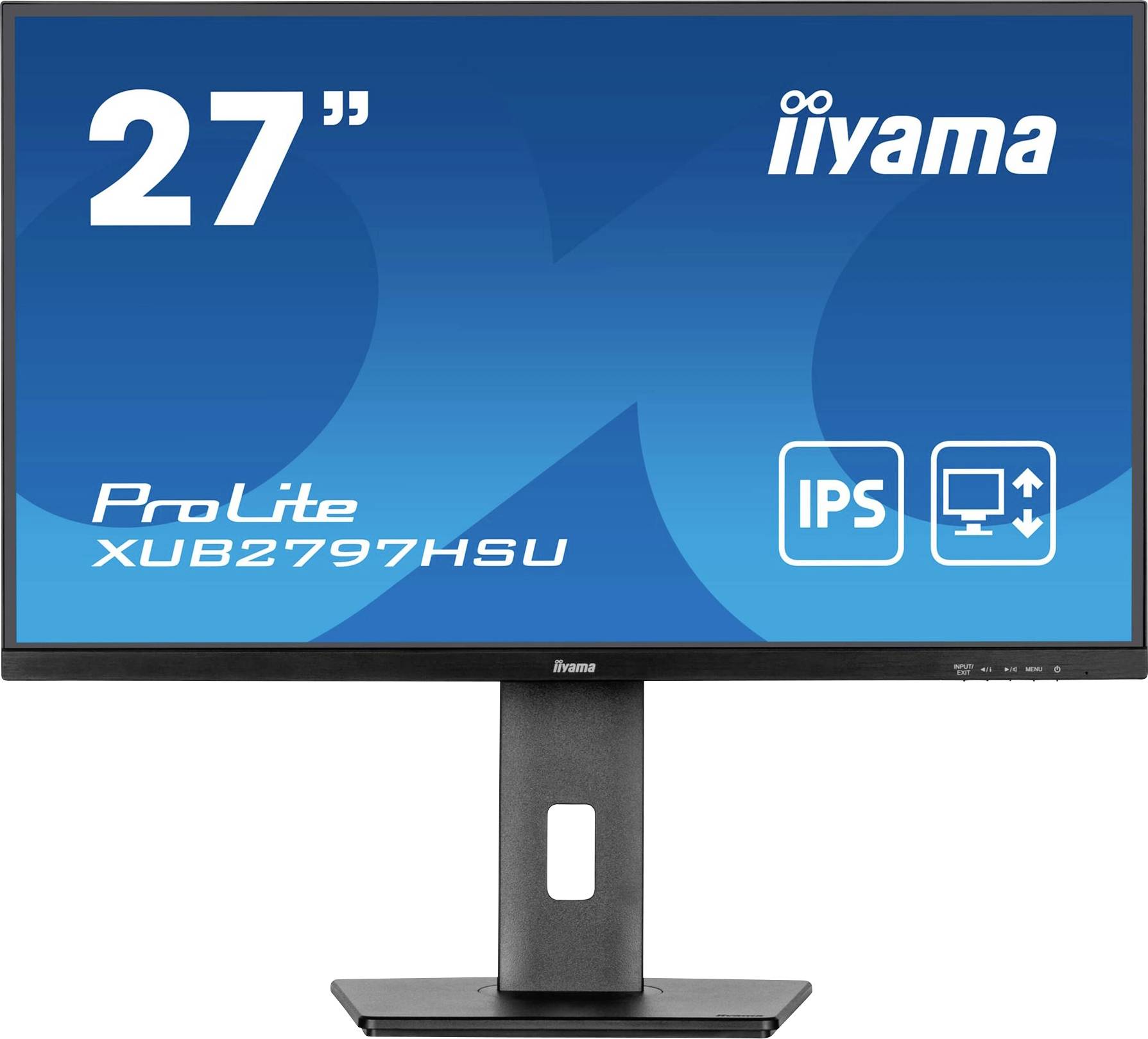 Un moniteur iiyama de 27 pouces, modèle ProLite XUB2797HSU, doté de la technologie IPS et de connexions symbolisées pour ordinateurs et appareils.