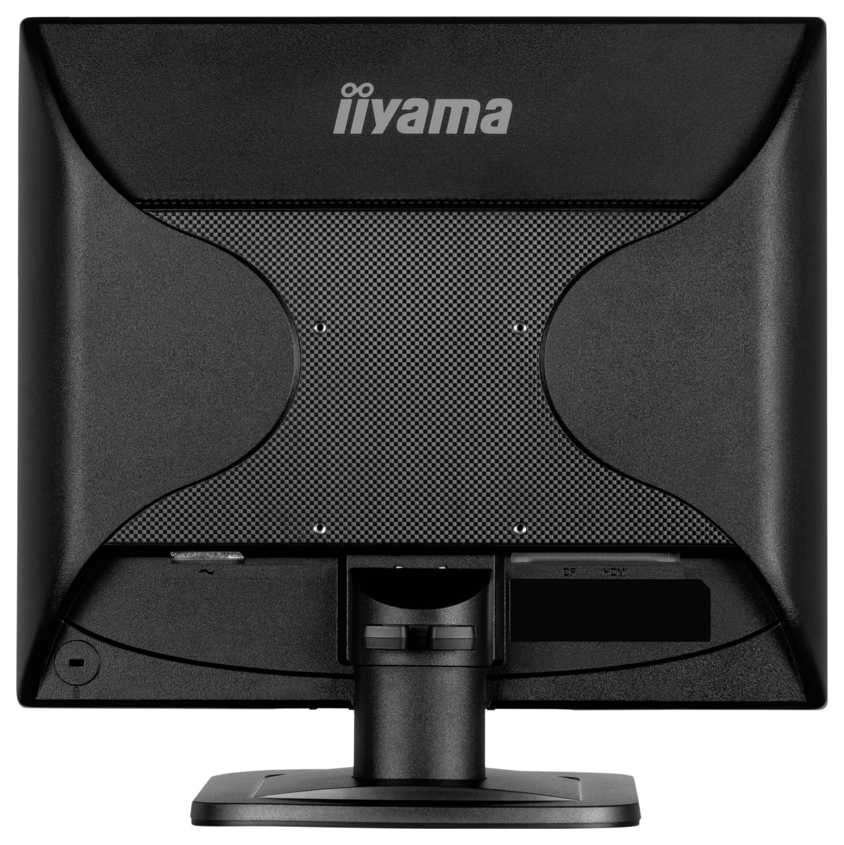 Un écran d'ordinateur noir vu de dos, avec le logo 'iiyama' en haut ; le pied de support est visible.