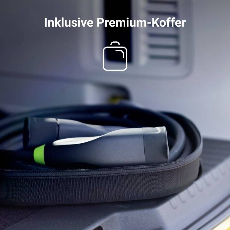 Un câble de charge enroulé dans un étui noir est placé dans le coffre d'une voiture. Texte au-dessus : 'Inclus avec le coffret Premium'.
