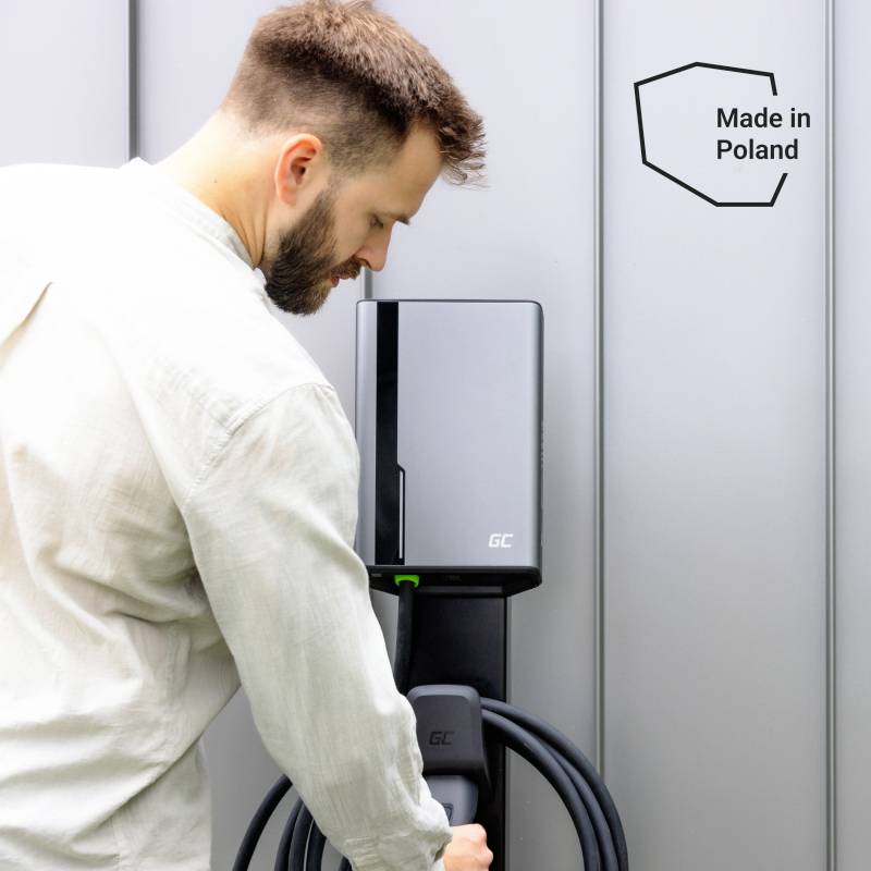 Un homme charge un véhicule électrique à une borne de recharge. À côté de la borne se trouve l'inscription 'Made in Poland'. L'arrière-plan est un mur gris.
